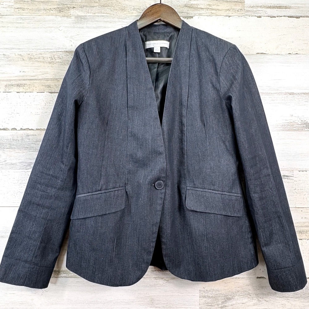 New York & Company Denim Blazer 10 Grey Stretch Single Button Collarless Chic
